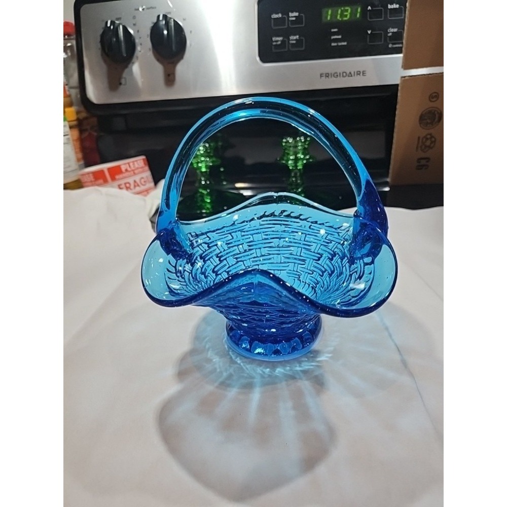 Fenton Style~ Basketweave Basket~ Ruffled~Crimped~Blue Glass~Trinket~Candy Dish